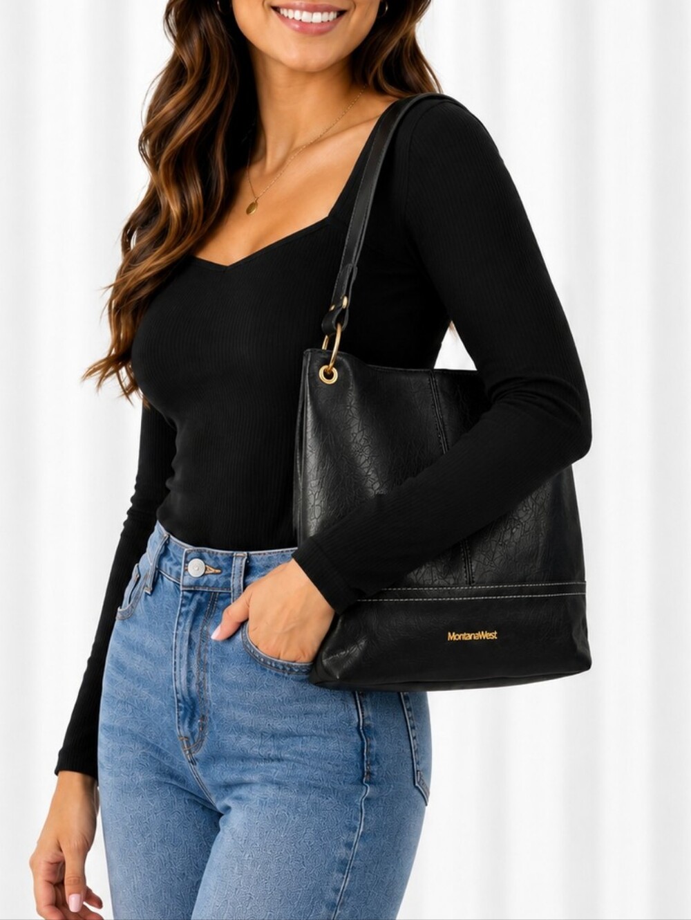 👜 Montana West Black Shoulder Bag Tote Gold Hardware Western Purse Handbag
